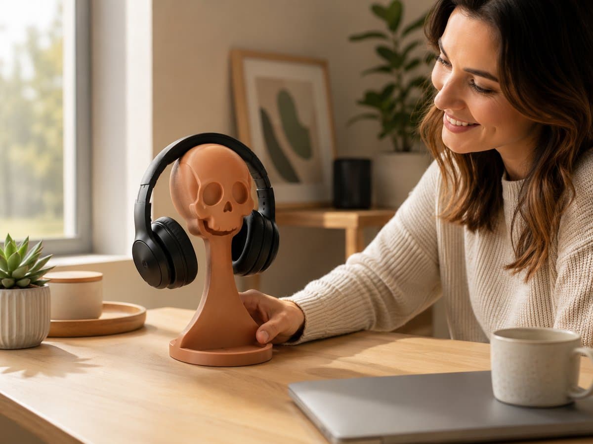 A smiling 3D printed skull headphone stand holding a pair of wireless headphones on a desk