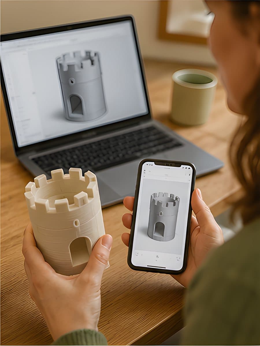 A person holds a 3D printed castle tower next to a phone showing the same model as a digital file