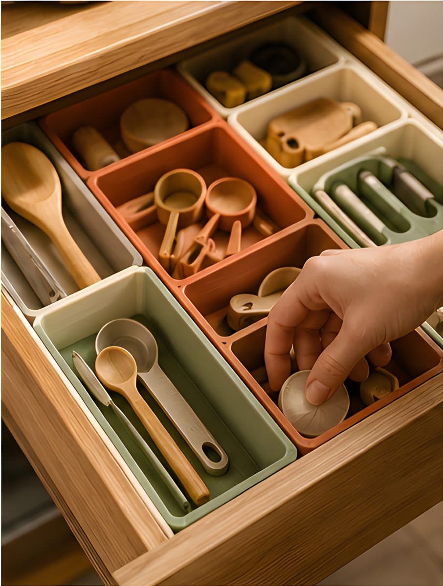A kitchen drawer neatly sorted with 3D printed modular organizer trays
