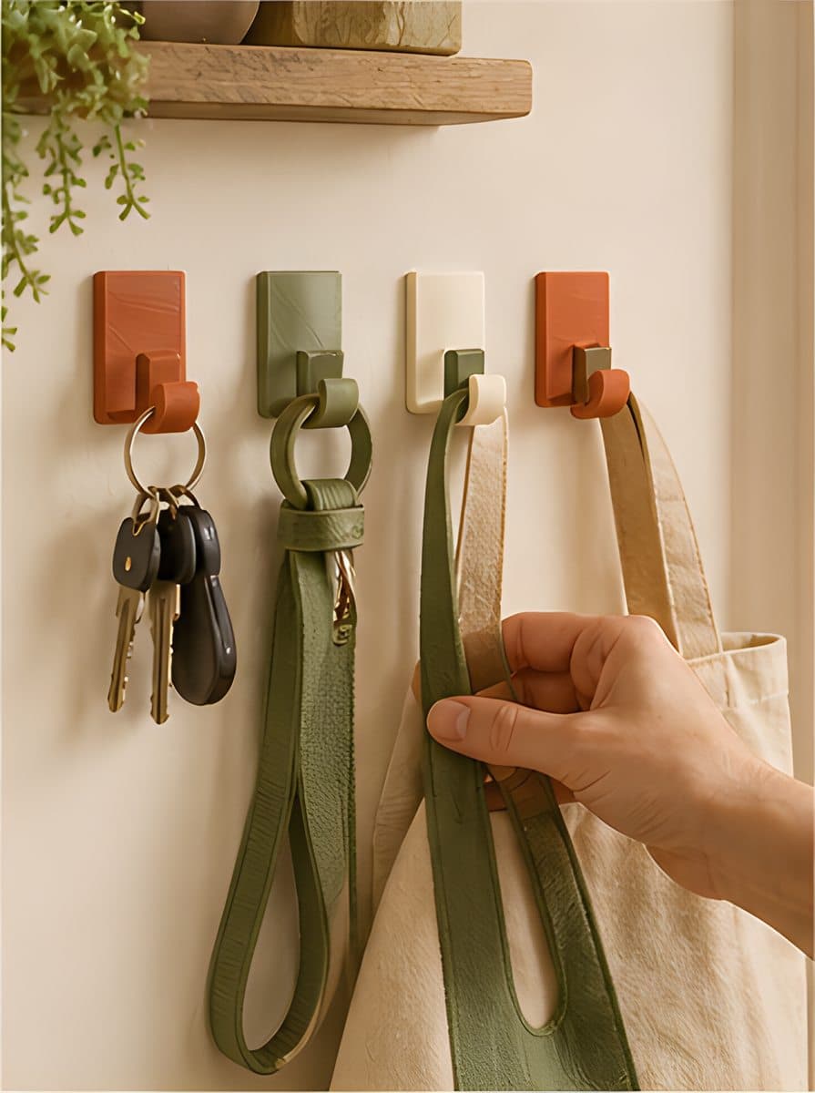 A hand hangs a tote bag on a row of 3D printed wall hooks holding keys and a belt