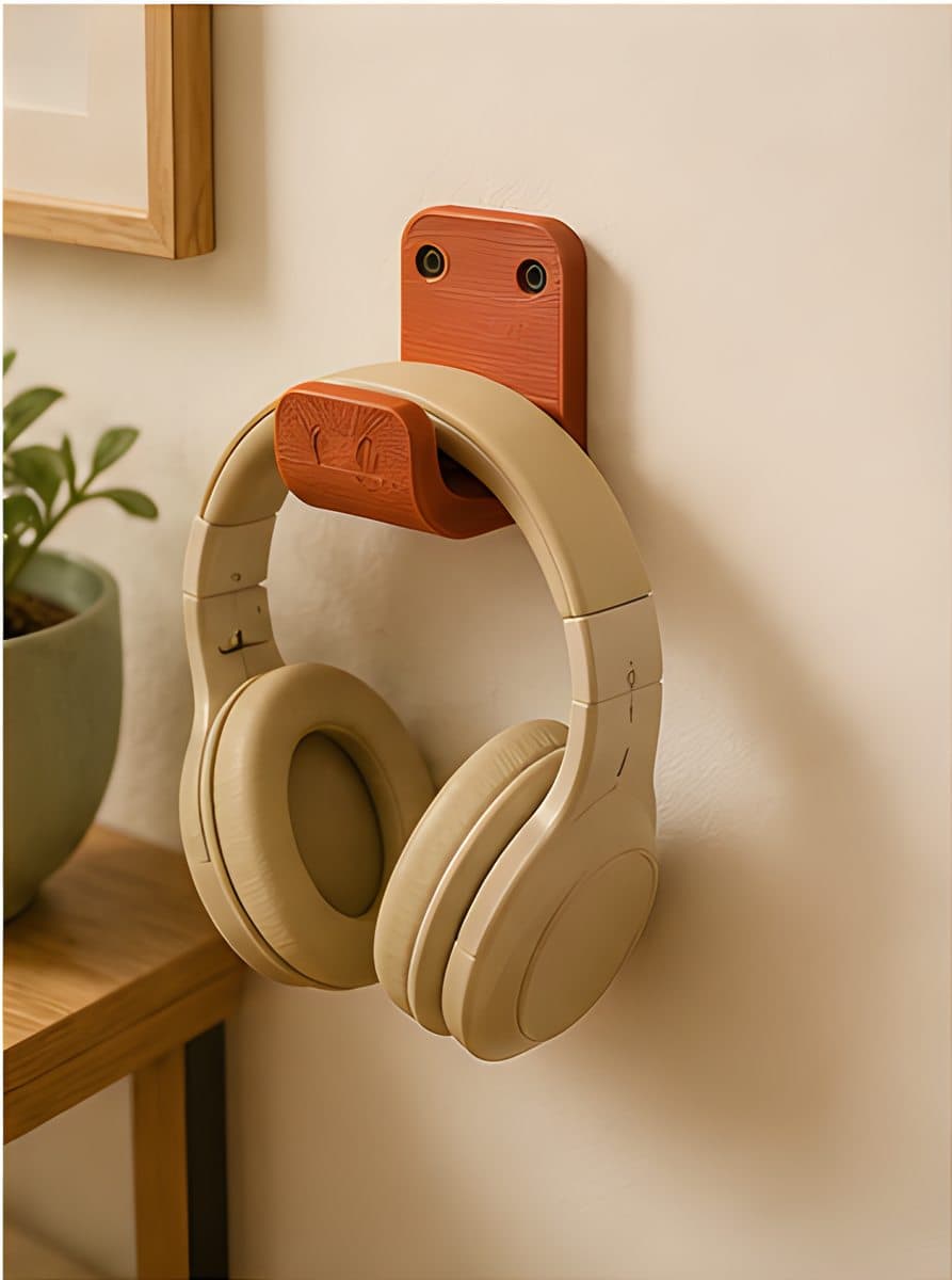 Headphones resting on a 3D printed wall mount beside a framed print and a plant