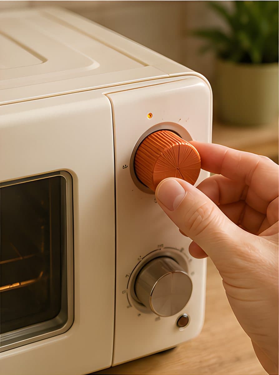 A hand turns a 3D printed replacement knob on a countertop microwave oven