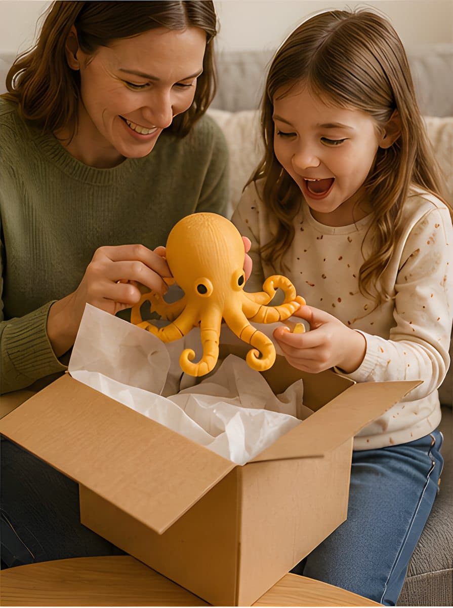 A parent and child open a shipping box and pull out a bright orange 3D printed octopus toy