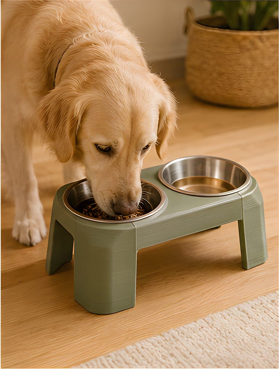 A golden retriever eats from a bowl held by a 3D printed raised feeder stand