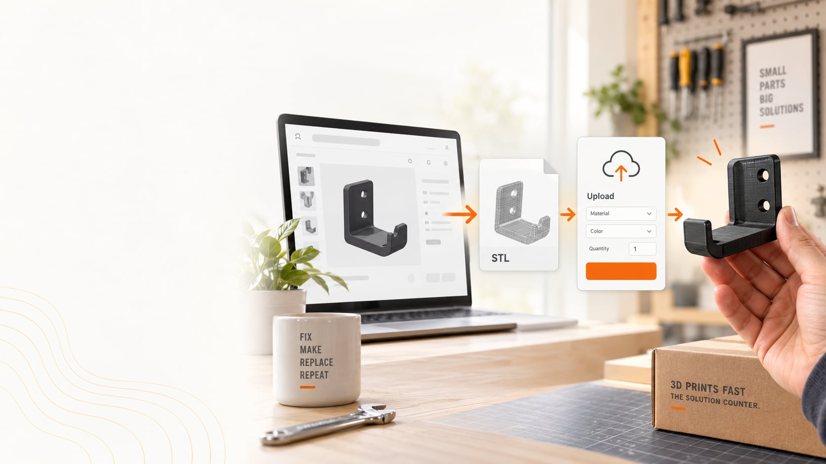 An illustrated desk scene showing a laptop with a 3D model, an arrow to an STL file, an arrow to an upload panel, and a hand holding the finished printed part next to a 3D Prints Fast box.