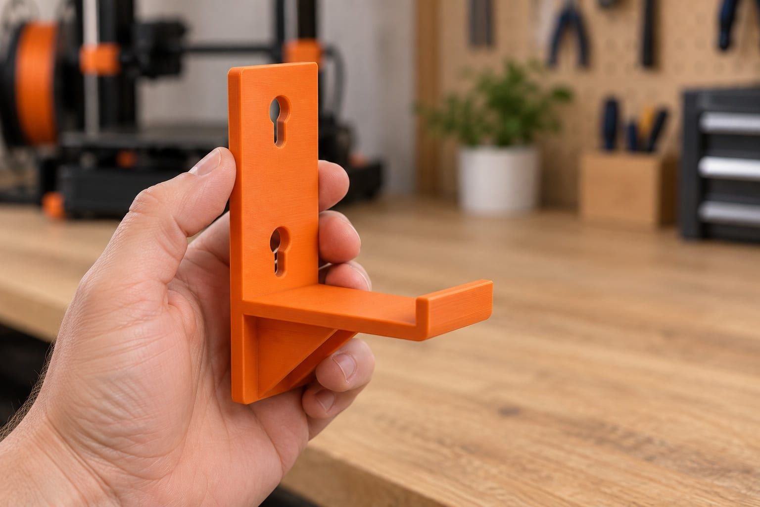 A hand holding an orange 3D printed wall bracket, with a 3D printer on the bench behind it.