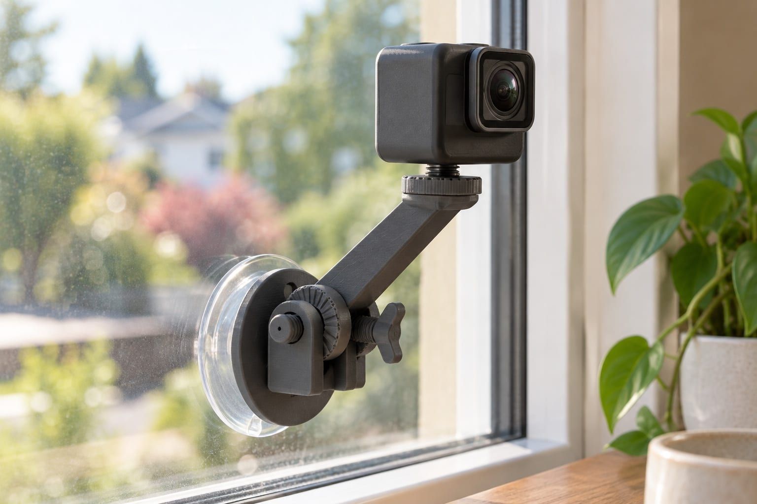 A grey printed mount holding a small camera on a window. A clear suction cup holds it to the glass.