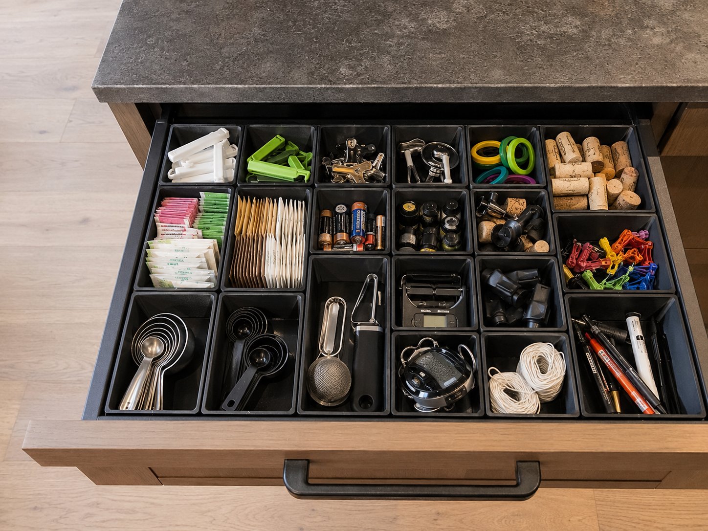 A junk drawer tamed by black Gridfinity bins: batteries, clips, corks, and string all in their place