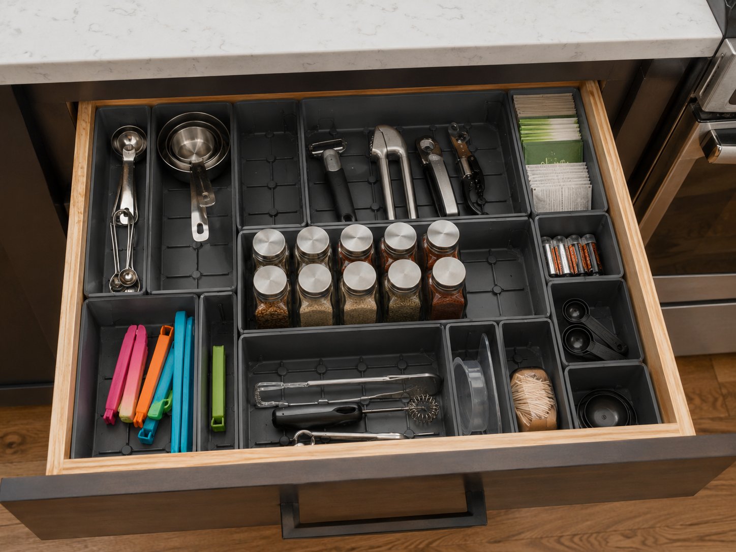 A kitchen drawer of Gridfinity bins holding spice jars, measuring cups, and tools
