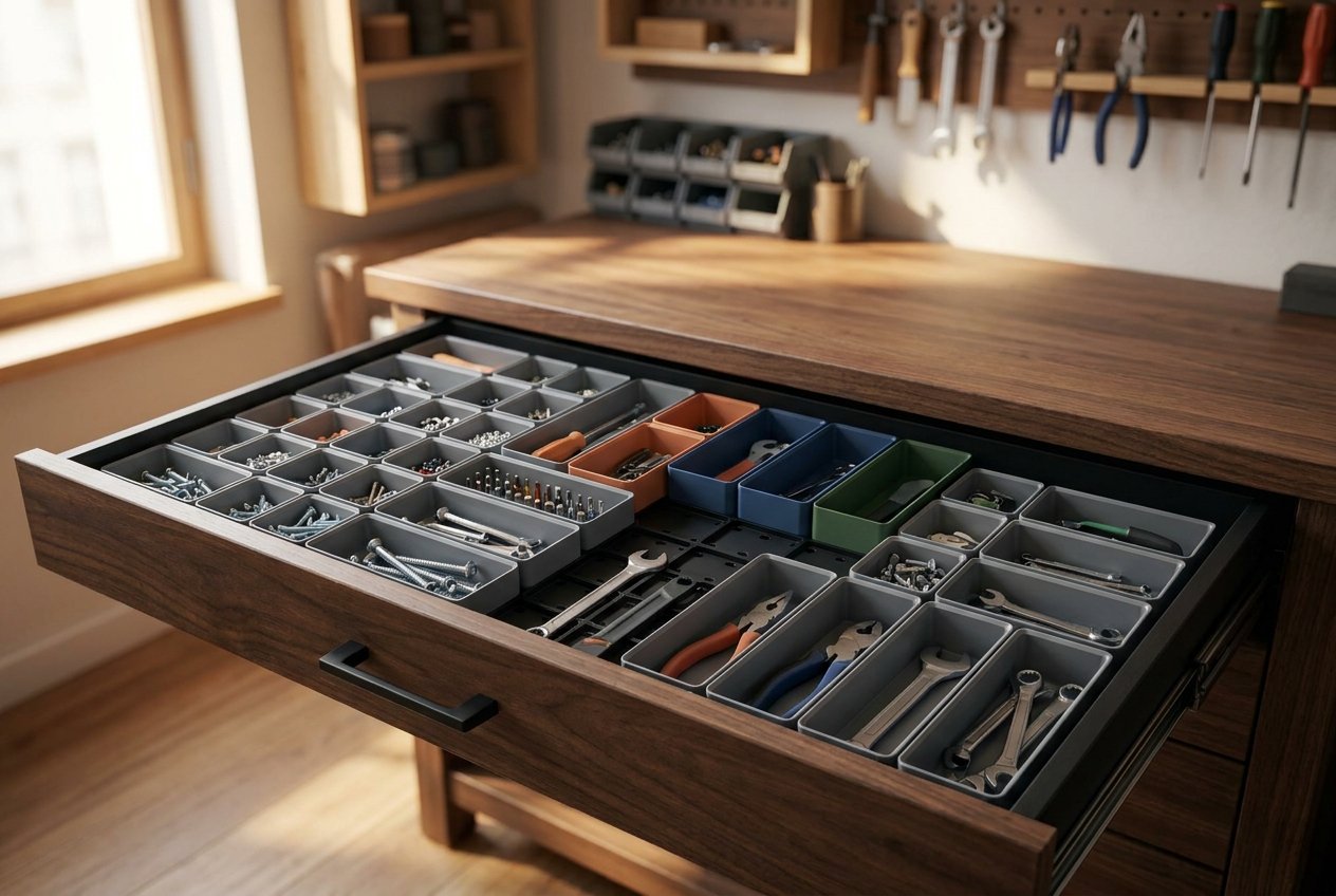 A walnut workbench drawer open to a Gridfinity grid of gray bins with orange, blue, and green accents holding screws and hand tools