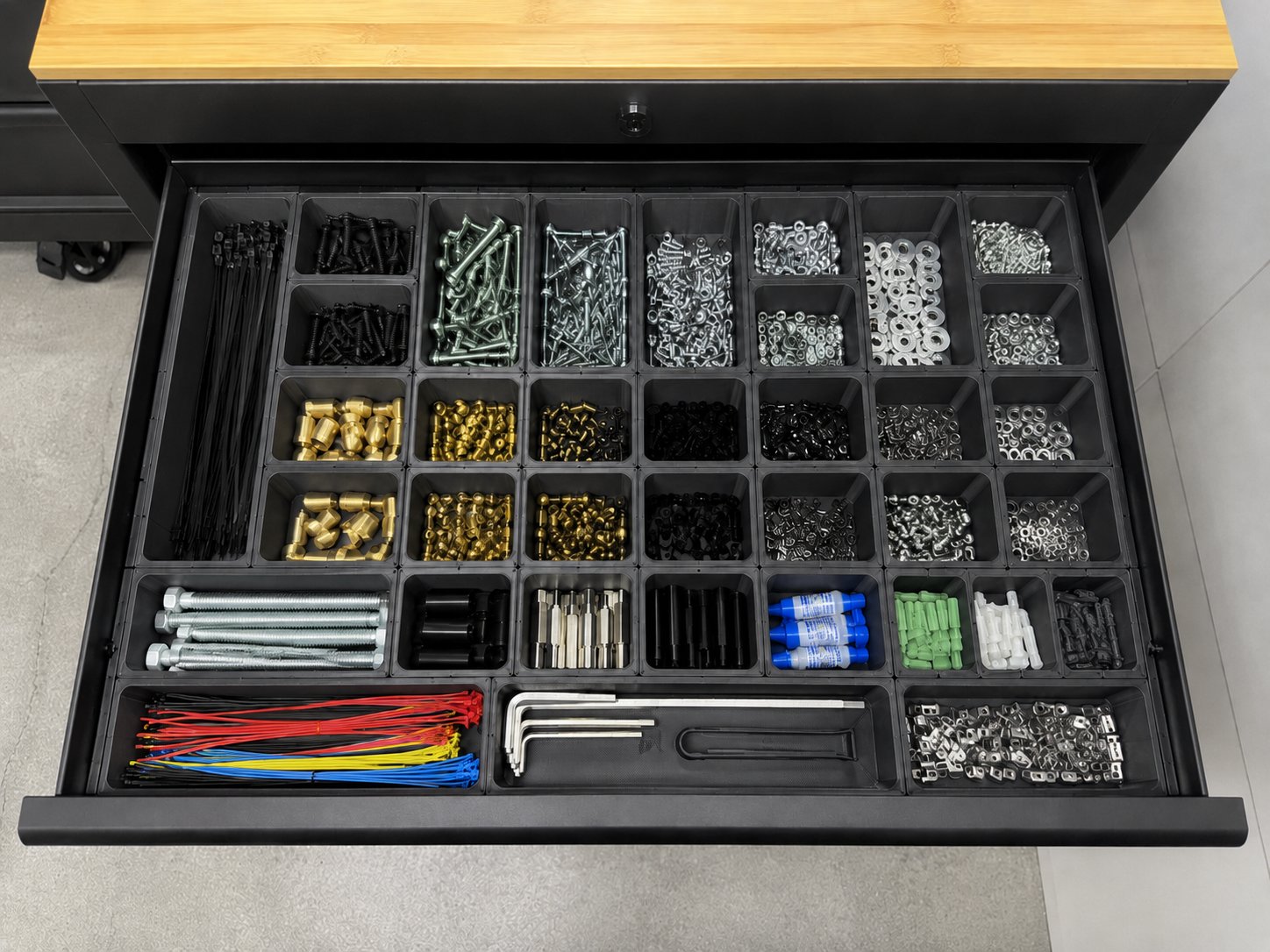 A workshop drawer of black Gridfinity bins sorting screws, washers, and brass fittings